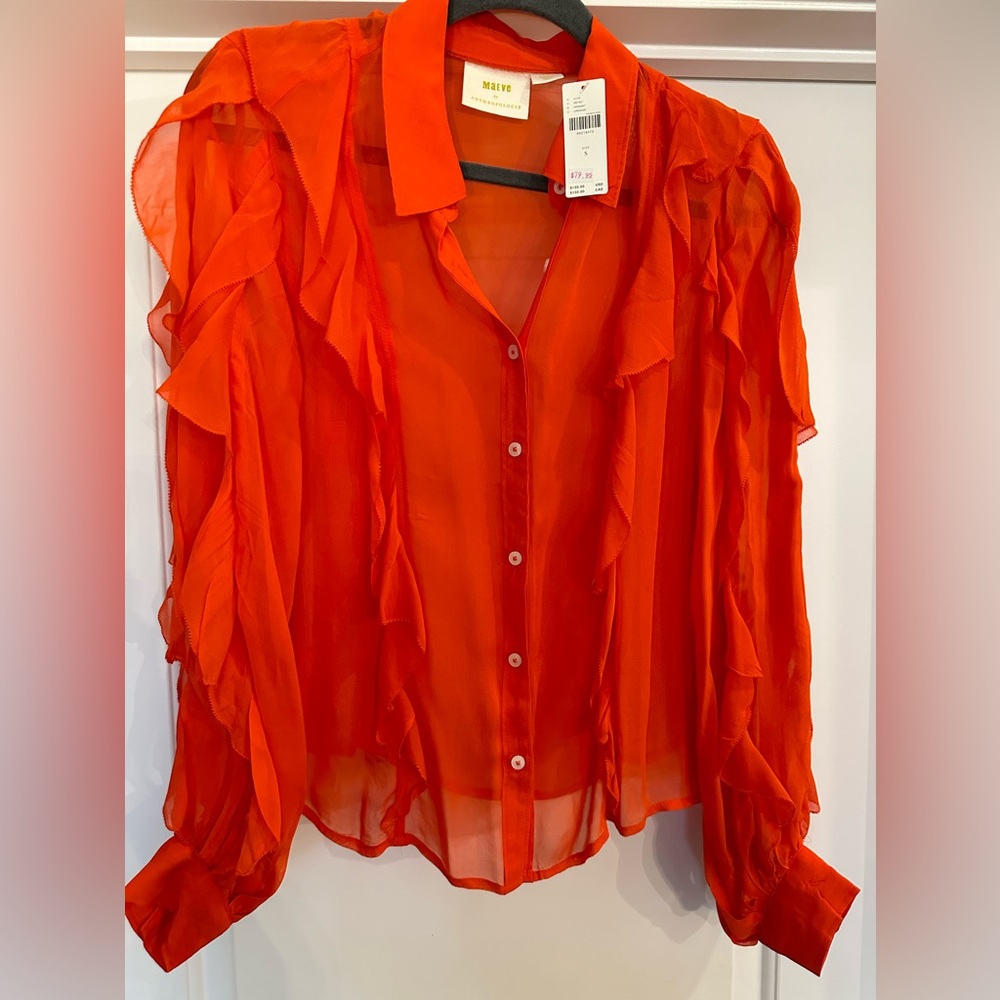 Maeve by Anthropology sheer orange ruffle blouse sz small